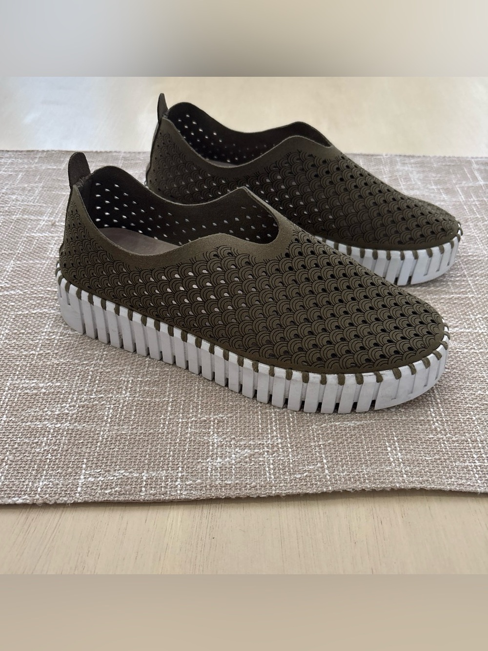 Ilse Jacobsen Olive Green Slip-On Perforated Loafers with White Sole